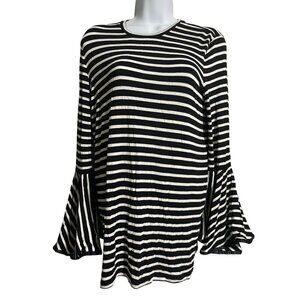 Maette Bell Sleeve Top Womens Size Small Tunic Black White Stripes